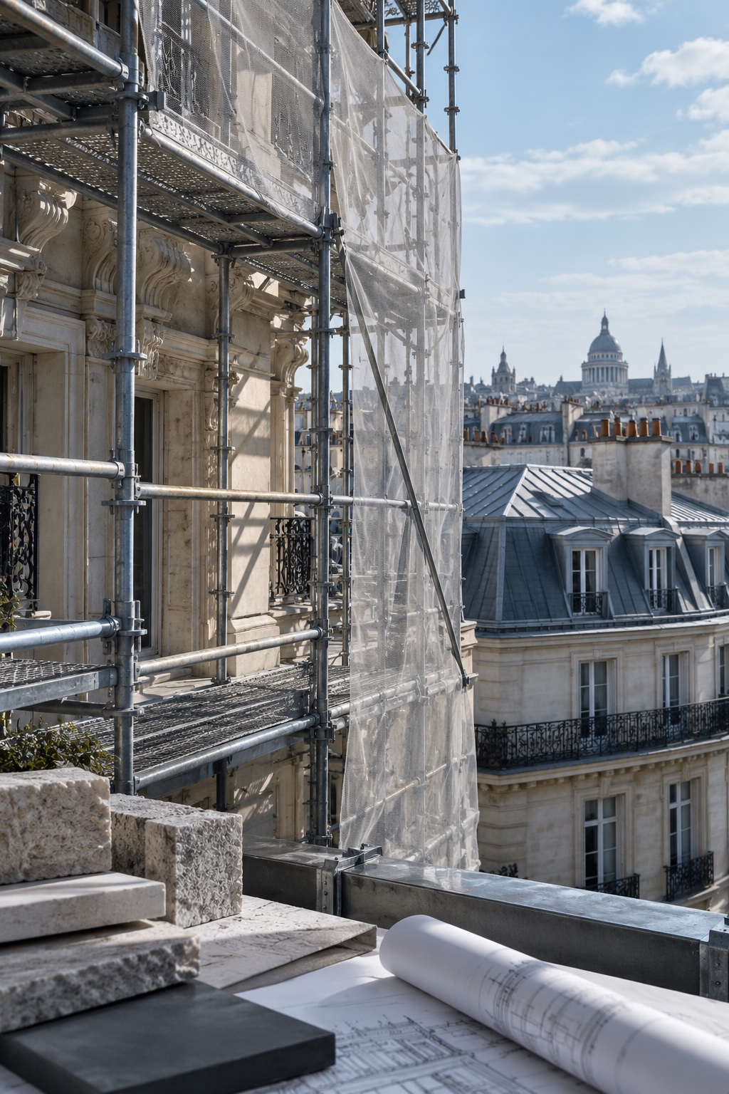 Immeuble parisien en rénovation avec échafaudage, zinc et plans d'architecte.