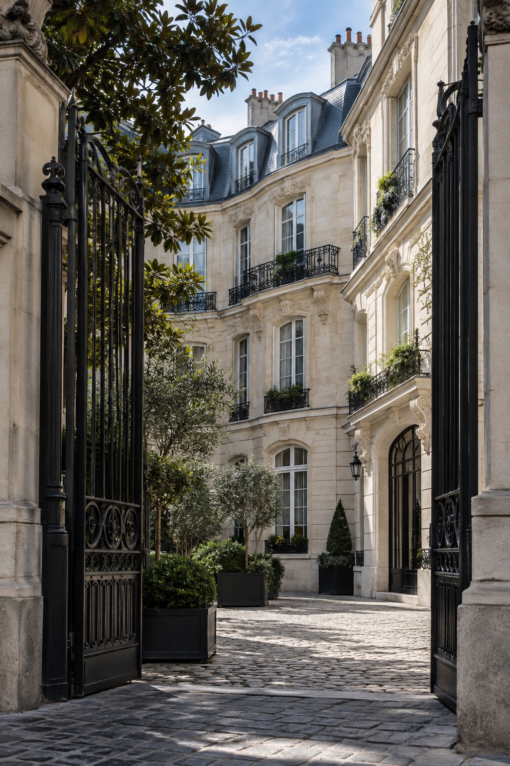 Cour intérieure parisienne avec portail en ferronnerie et immeuble haussmannien.